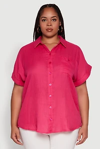 Womens Plus Short Sleeve Rolled Cuff Shirt,