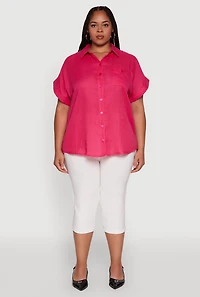 Womens Plus Short Sleeve Rolled Cuff Shirt,