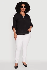 Womens Plus Sized Tabbed Sleeve Collared Henley Top, Black, Size 3X