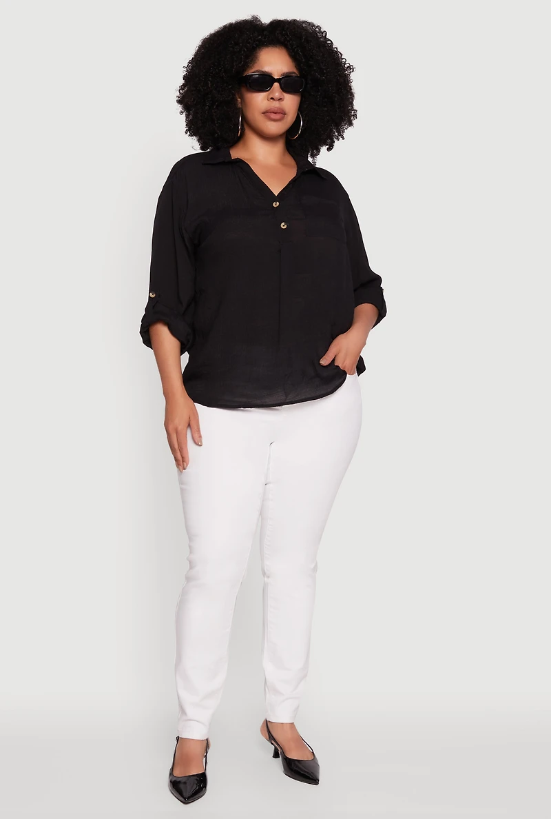 Plus Sized Tabbed Sleeve Collared Henley Top