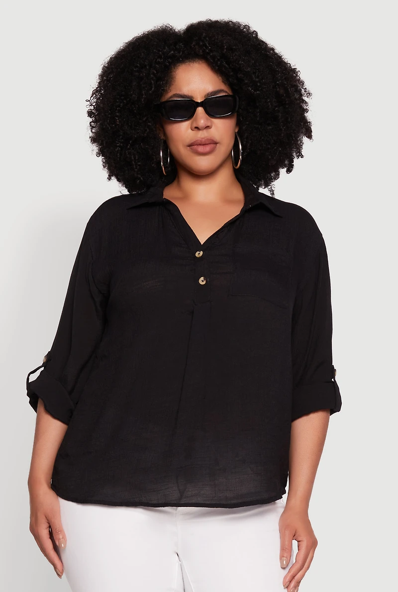 Womens Plus Sized Tabbed Sleeve Collared Henley Top, Black, Size 3X