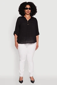 Womens Plus Sized Tabbed Sleeve Collared Henley Top, Black, Size 3X