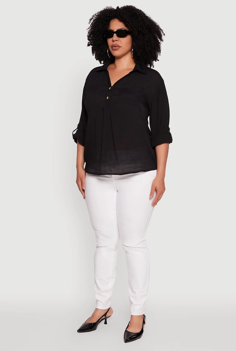 Womens Plus Sized Tabbed Sleeve Collared Henley Top, Black, Size 3X