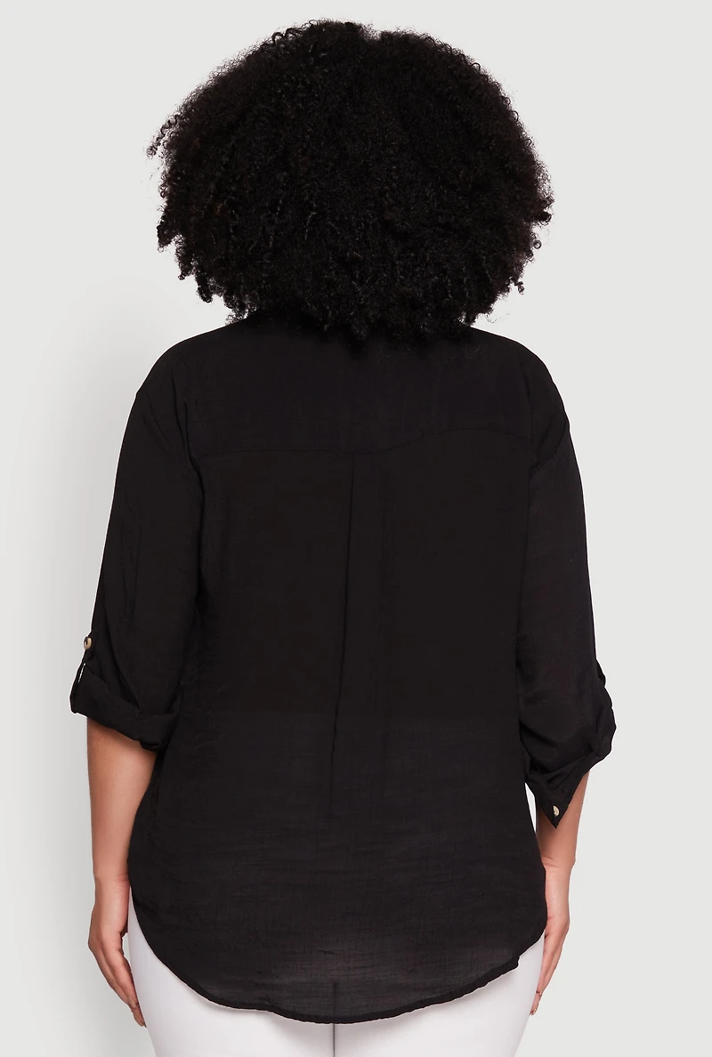 Womens Plus Sized Tabbed Sleeve Collared Henley Top, Black, Size 3X