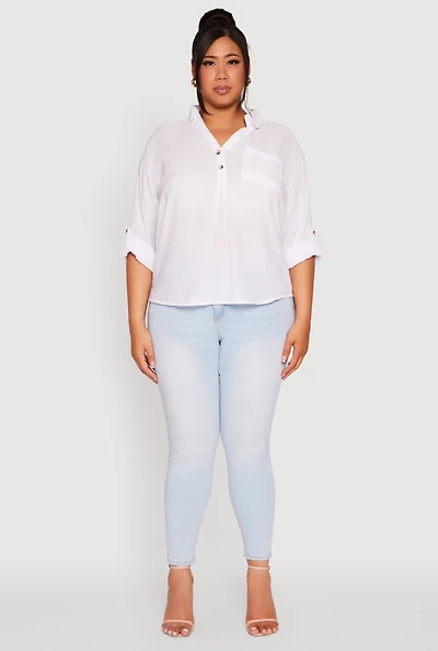 Womens Plus Sized Tabbed Sleeve Collared Henley Top, White, Size 1X