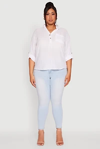 Womens Plus Sized Tabbed Sleeve Collared Henley Top, White,