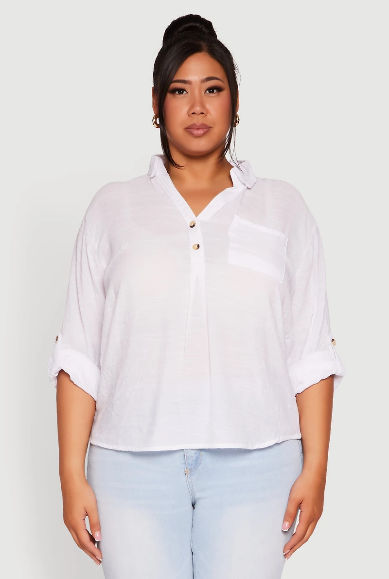 Womens Plus Sized Tabbed Sleeve Collared Henley Top, White,