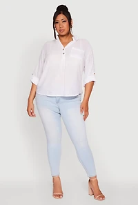 Womens Plus Sized Tabbed Sleeve Collared Henley Top, White, Size 1X