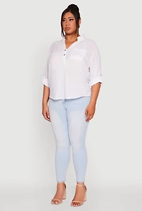 Womens Plus Sized Tabbed Sleeve Collared Henley Top, White, Size 1X