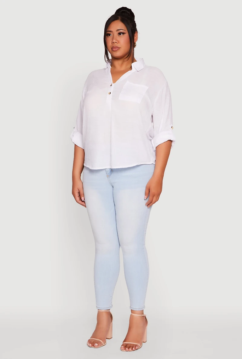 Womens Plus Sized Tabbed Sleeve Collared Henley Top, White,