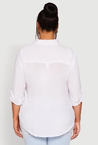 Womens Plus Sized Tabbed Sleeve Collared Henley Top, White,