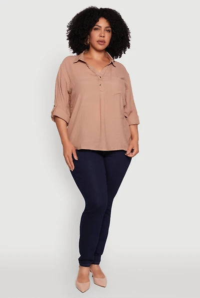 Womens Plus Sized Tabbed Sleeve Collared Henley Top,