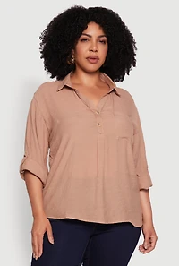 Womens Plus Sized Tabbed Sleeve Collared Henley Top, Beige, Size 2X