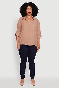 Womens Plus Sized Tabbed Sleeve Collared Henley Top, Beige, Size 2X
