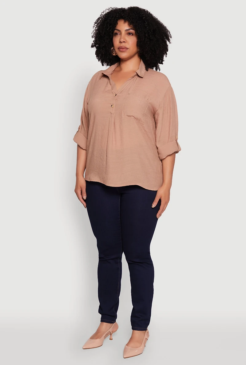 Womens Plus Sized Tabbed Sleeve Collared Henley Top,