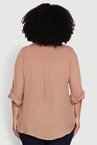 Womens Plus Sized Tabbed Sleeve Collared Henley Top, Beige, Size 2X