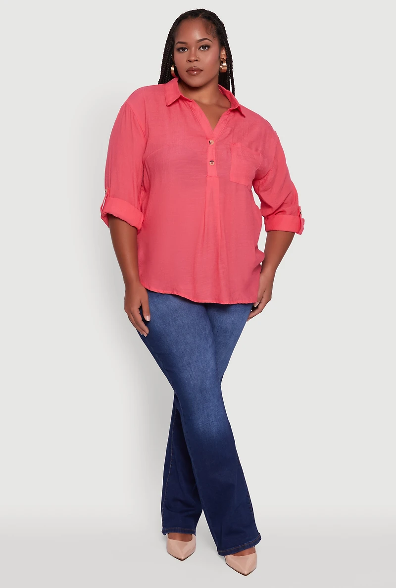 Womens Plus Sized Tabbed Sleeve Collared Henley Top, Pink, Size 3X