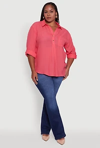 Womens Plus Sized Tabbed Sleeve Collared Henley Top, Pink,