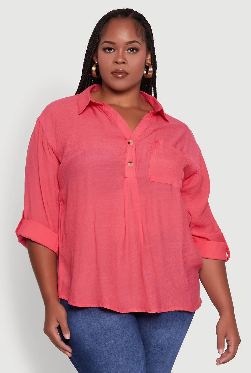 Womens Plus Sized Tabbed Sleeve Collared Henley Top, Pink,