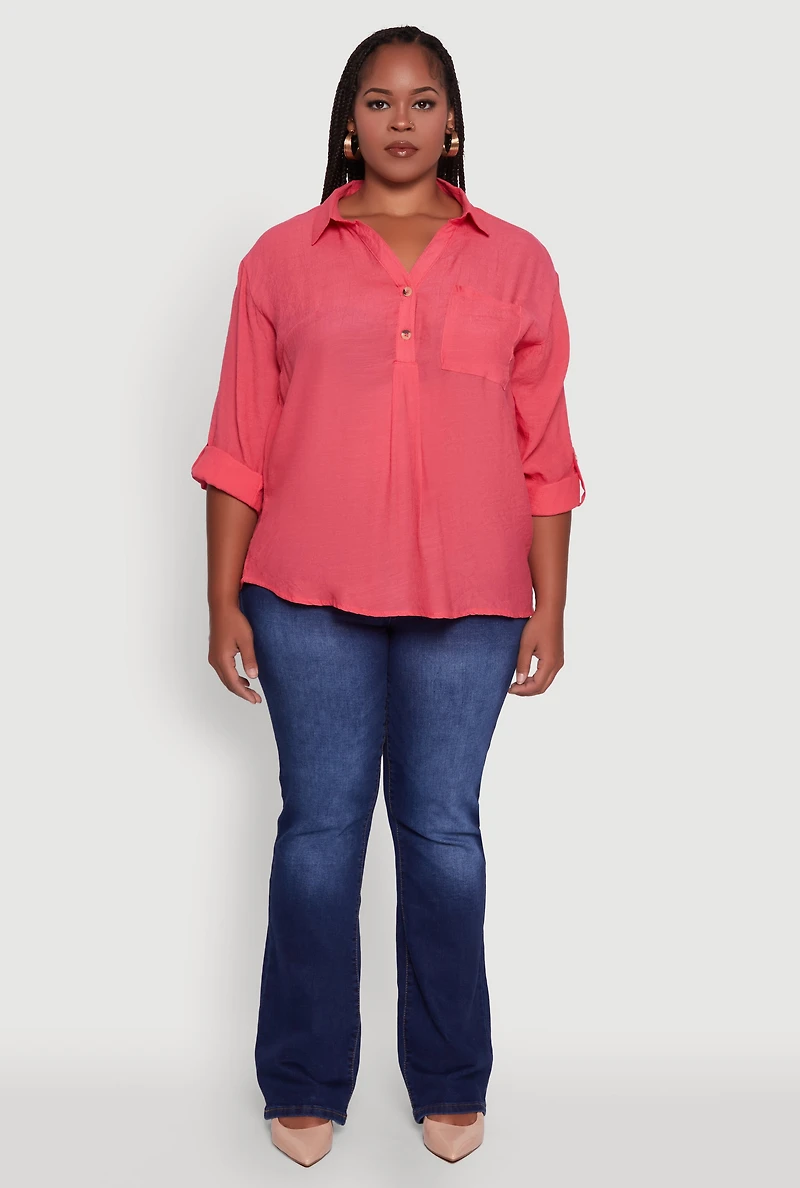 Womens Plus Sized Tabbed Sleeve Collared Henley Top, Pink,