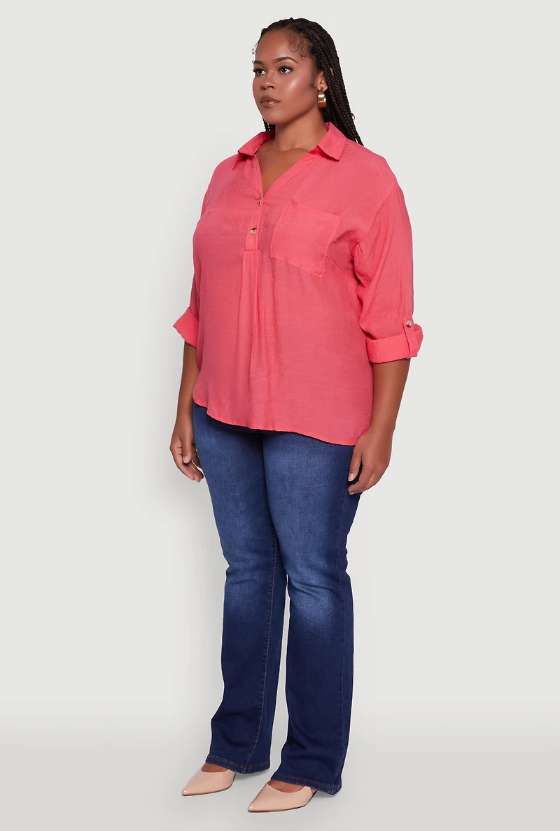 Womens Plus Sized Tabbed Sleeve Collared Henley Top, Pink, Size 3X