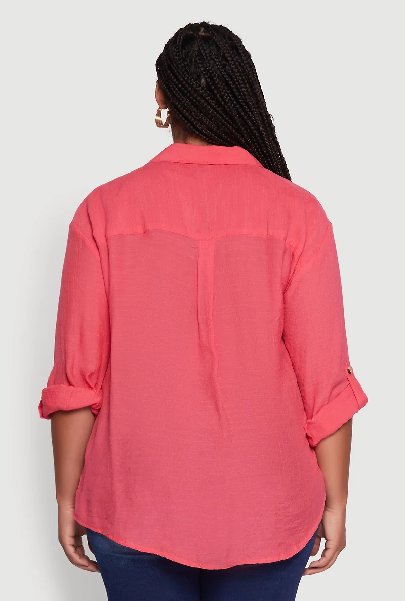 Womens Plus Sized Tabbed Sleeve Collared Henley Top, Pink,