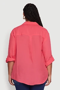 Womens Plus Sized Tabbed Sleeve Collared Henley Top, Pink,