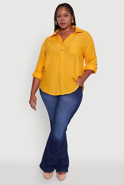 Womens Plus Sized Tabbed Sleeve Collared Henley Top, Yellow, Size 1X