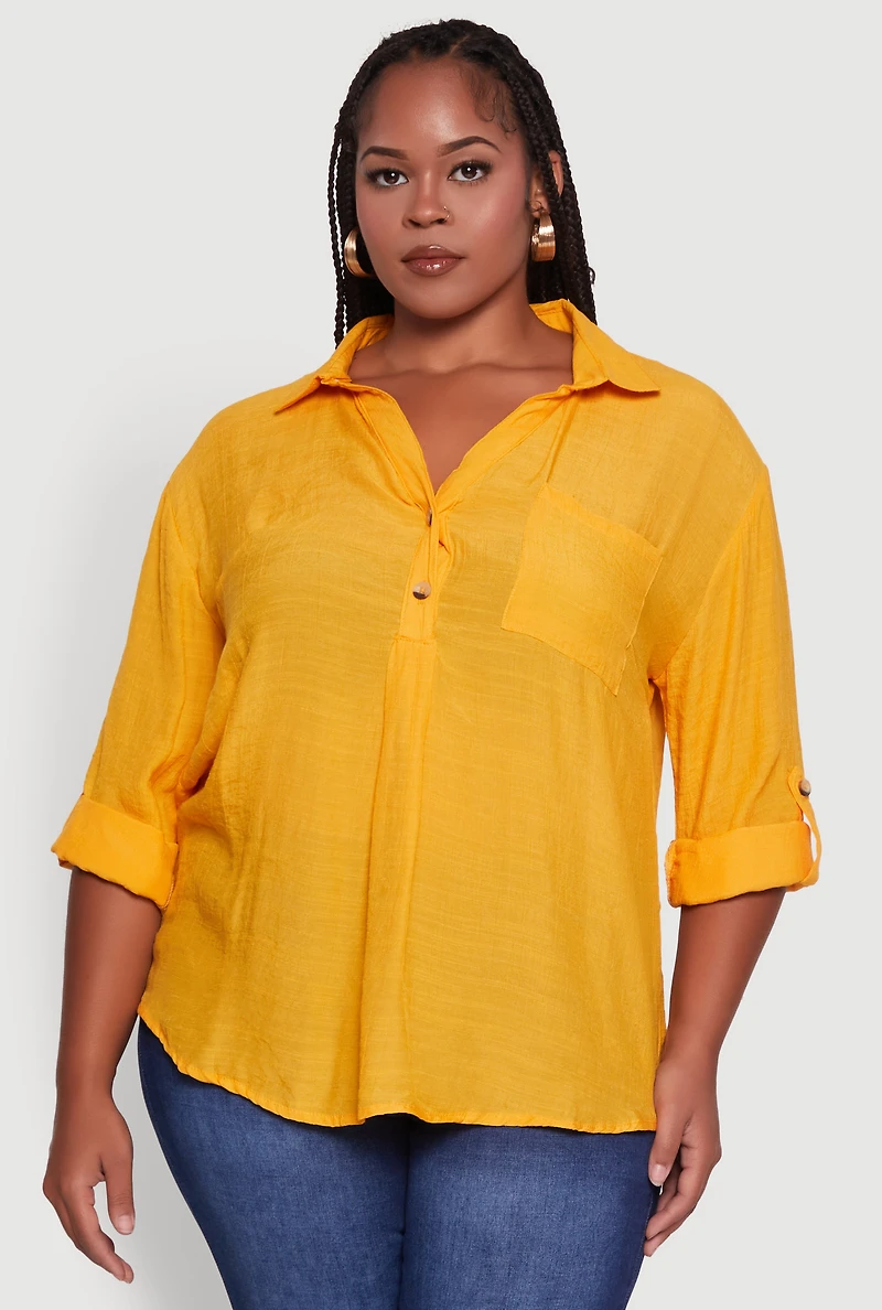 Womens Plus Sized Tabbed Sleeve Collared Henley Top, Yellow, Size 1X