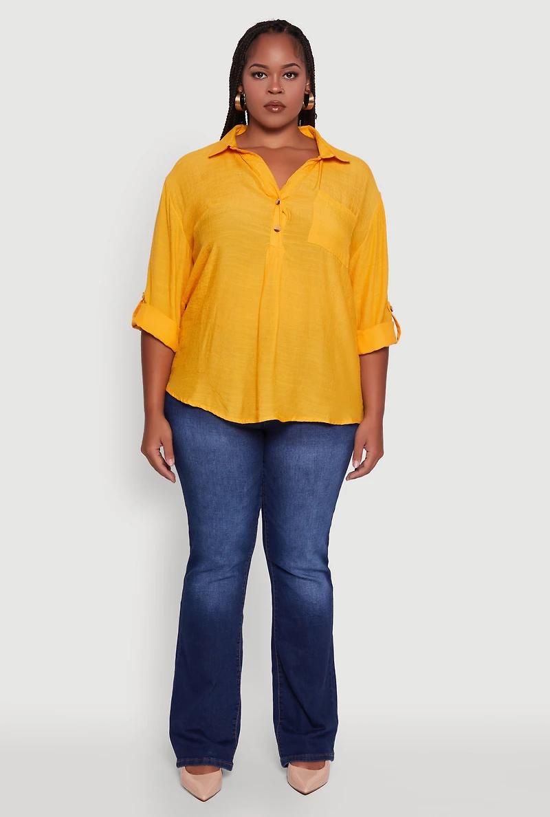 Womens Plus Sized Tabbed Sleeve Collared Henley Top, Yellow, Size 1X