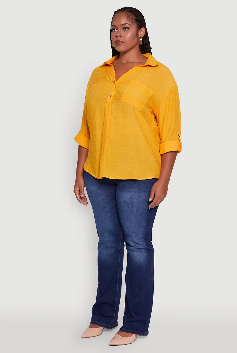 Womens Plus Sized Tabbed Sleeve Collared Henley Top, Yellow, Size 1X