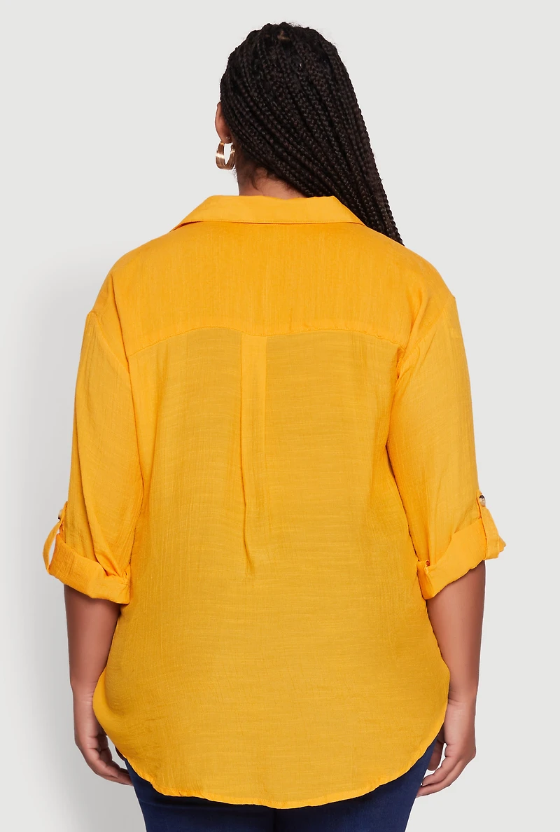 Womens Plus Sized Tabbed Sleeve Collared Henley Top, Yellow, Size 1X