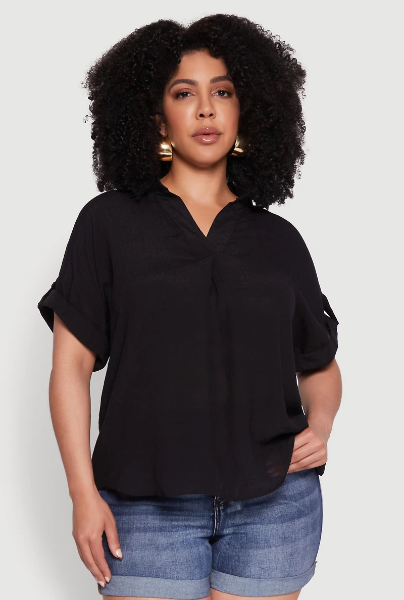 Plus Gauze Knit Button Front Short Sleeve Shirt