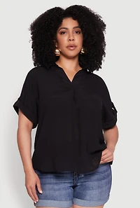 Plus Gauze Knit Button Front Short Sleeve Shirt