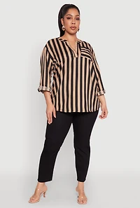 Plus Striped Notch Neck Blouse