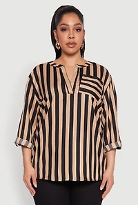 Womens Plus Striped Notch Neck Blouse, Multi,