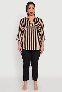 Womens Plus Striped Notch Neck Blouse, Multi,