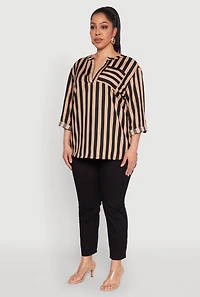 Womens Plus Striped Notch Neck Blouse, Multi,