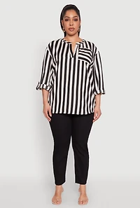 Womens Plus Striped Notch Neck Blouse, Multi,
