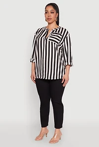 Womens Plus Striped Notch Neck Blouse, Multi,