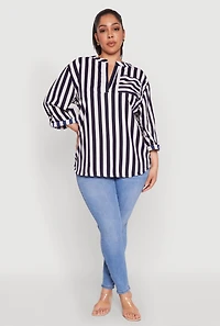 Plus Striped Notch Neck Blouse