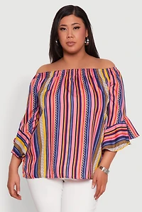 Womens Plus Size Striped Off The Shoulder Blouse, Multi, Size 1X