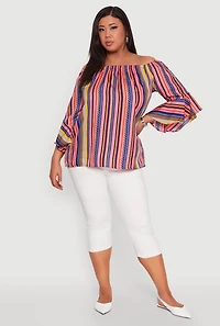 Womens Plus Size Striped Off The Shoulder Blouse, Multi, Size 1X
