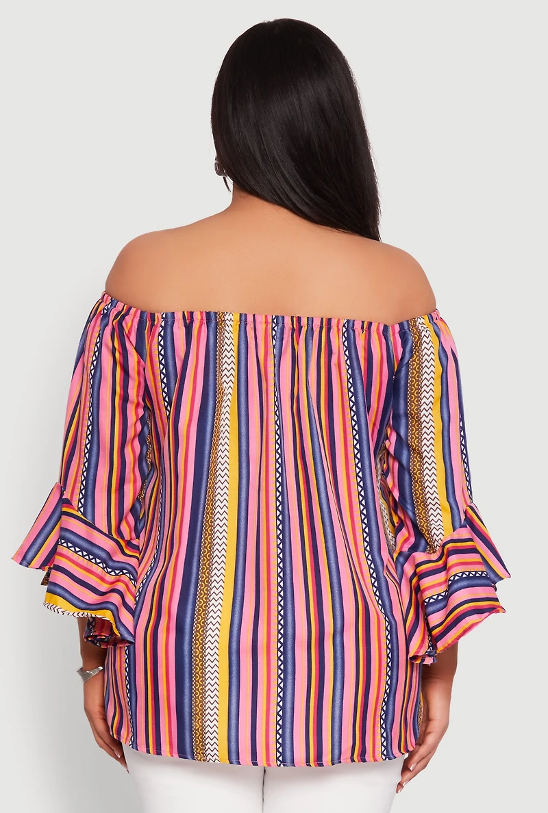 Womens Plus Striped Off The Shoulder Blouse, Multi,