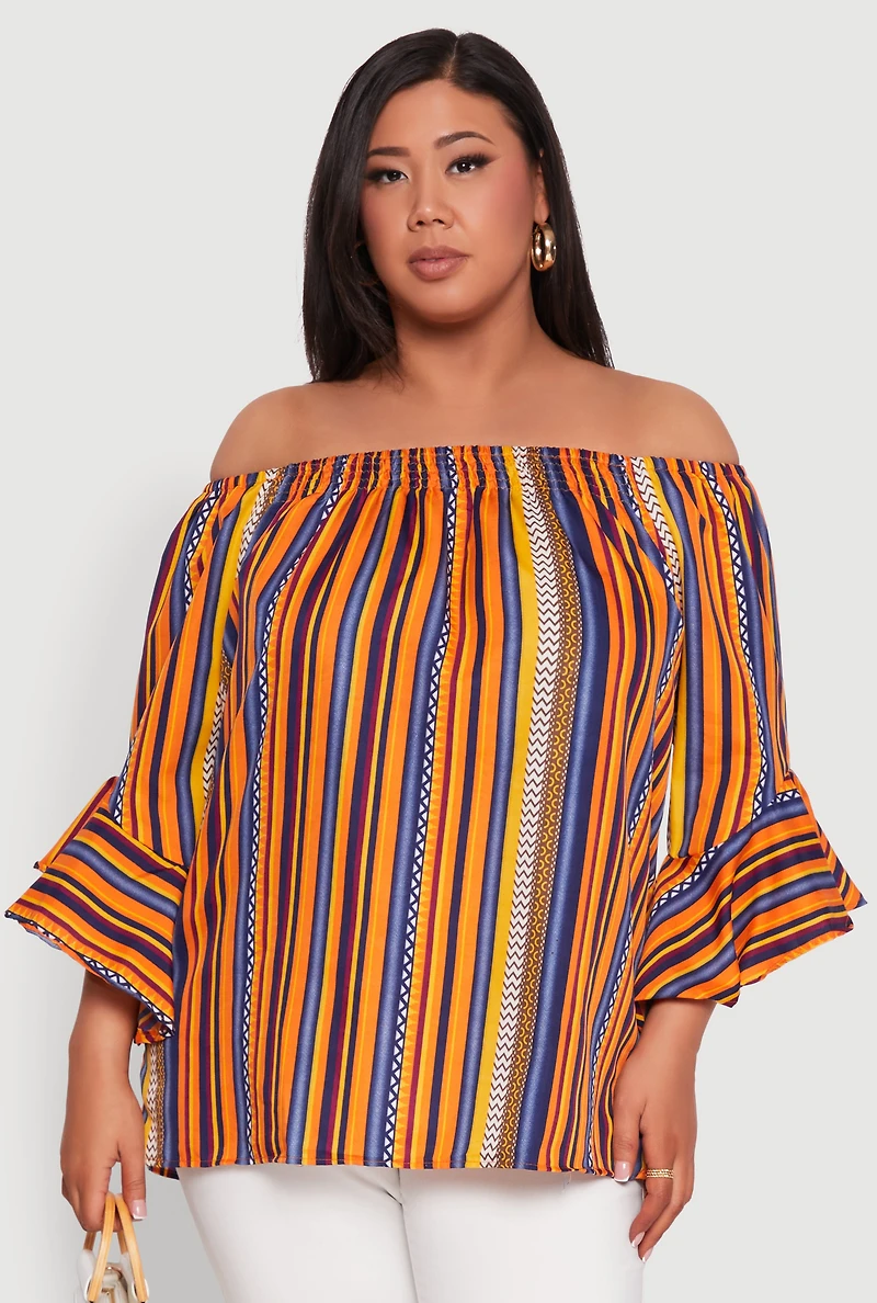 Womens Plus Size Striped Off The Shoulder Blouse, Multi, Size 3X