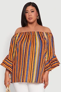 Womens Plus Size Striped Off The Shoulder Blouse, Multi, Size 3X