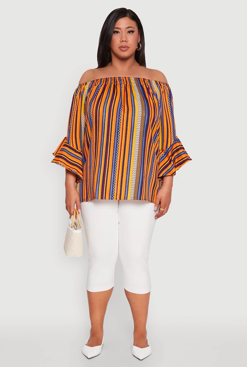 Womens Plus Size Striped Off The Shoulder Blouse, Multi, Size 3X