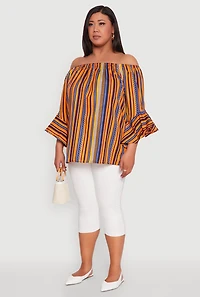 Womens Plus Size Striped Off The Shoulder Blouse, Multi, Size 3X