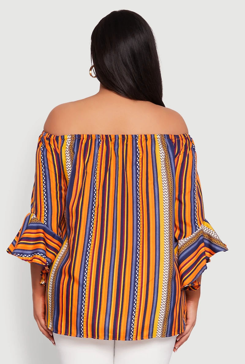 Womens Plus Size Striped Off The Shoulder Blouse, Multi, Size 3X
