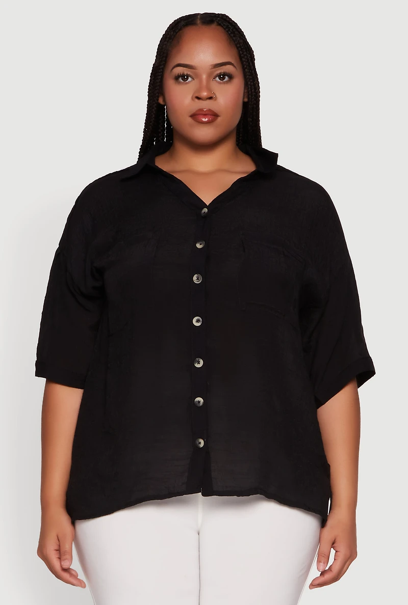 Womens Plus Chic Side Slit Button Front Shirt,